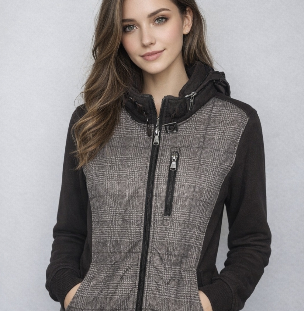 Tommy Hilfiger Plaid Jacket Brown Plaid Hooded Front Zip Fleece Mixed Fabric M